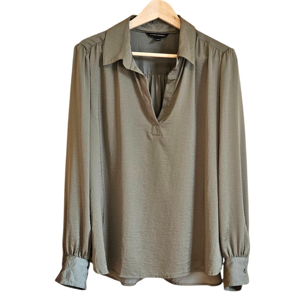 Banana Republic Olive Green Long Sleeve Split Neck Women's Blouse XLarge